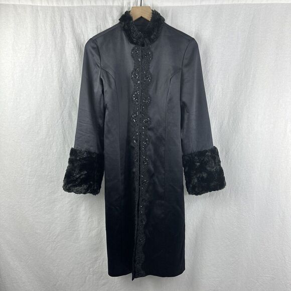 Hype Jackets & Blazers - Hype Vintage Faux Fur Sequin Trim Black Silk Goth Evening Long Jacket Womens 8